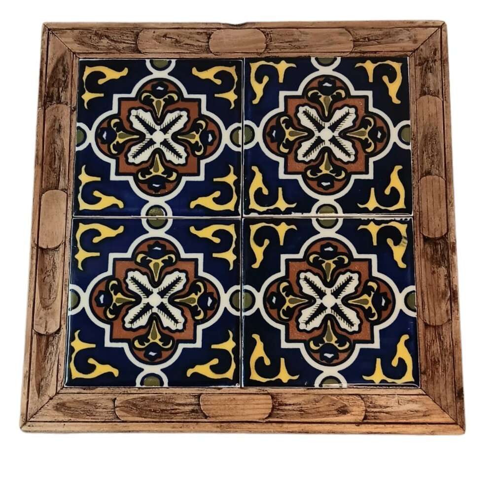 Vintage Mexican Carved Wood Frame Four Inlaid Blue Yellow Tile Trivet Hot Plate